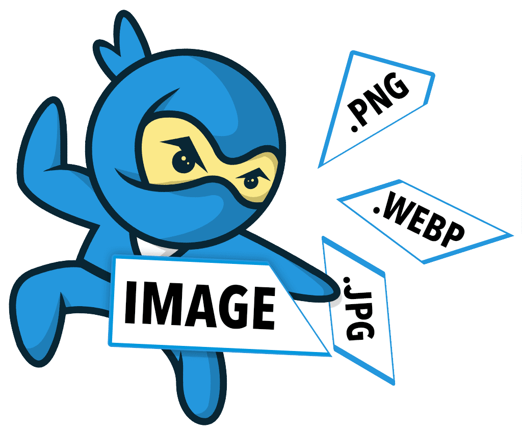 Cartoon ninja breaking the word 'Image' into JPEG, PNG, and WebP pieces — the Image Convert Ninja logo