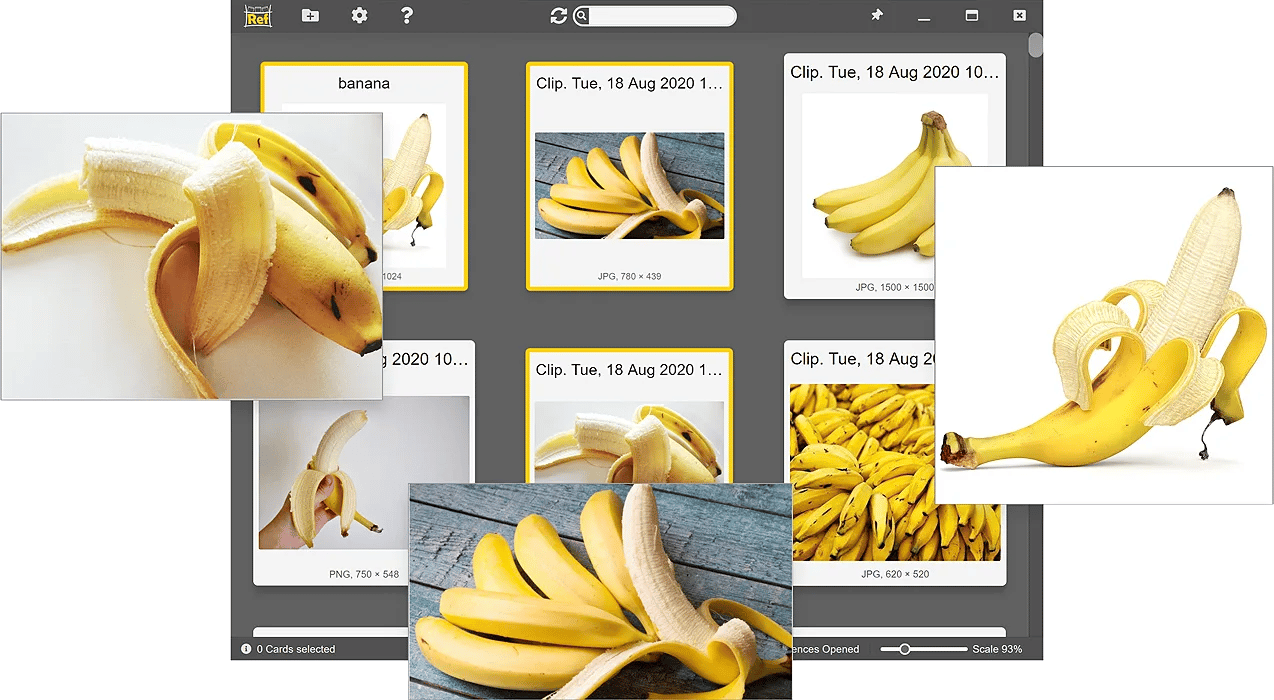 RefShelf interface showing the Shelf window with multiple floating Ref Windows displaying images.