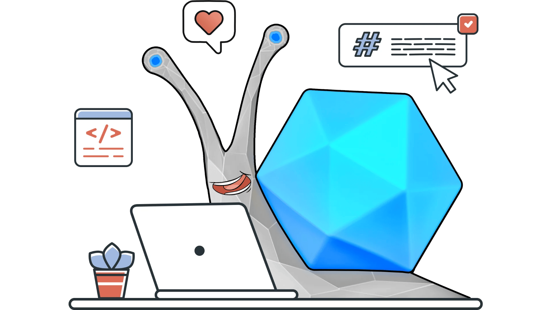 Illustrated snail sitting at a desk, coding tools on a laptop, with a thought cloud containing a heart - symbolizing RenderSnail's indie developer who creates each application with personal care and attention to detail.
