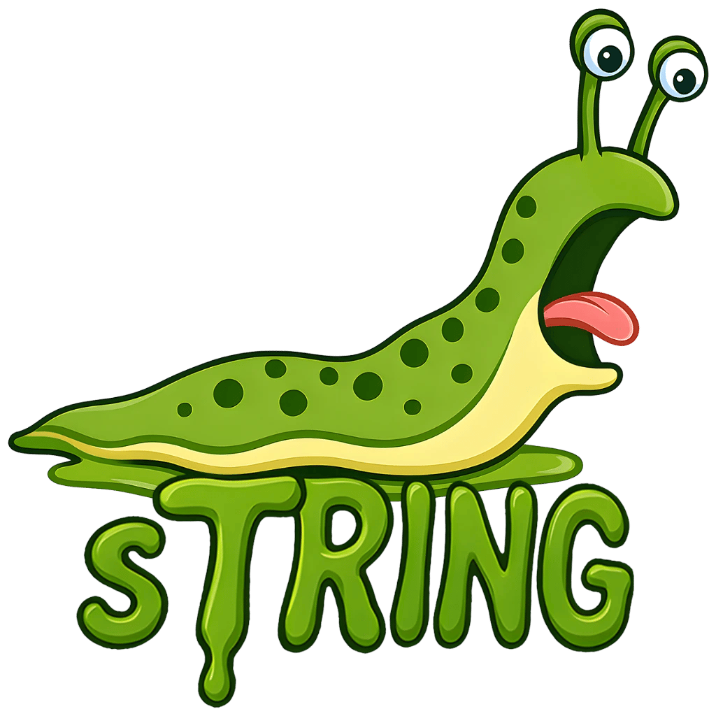 sTRING-Slug logo: A vibrant green slug with googly eyes, symbolizing text transformation, alongside glossy 'STRING' text, representing the free slug generator and case converter tool with a modern UI.